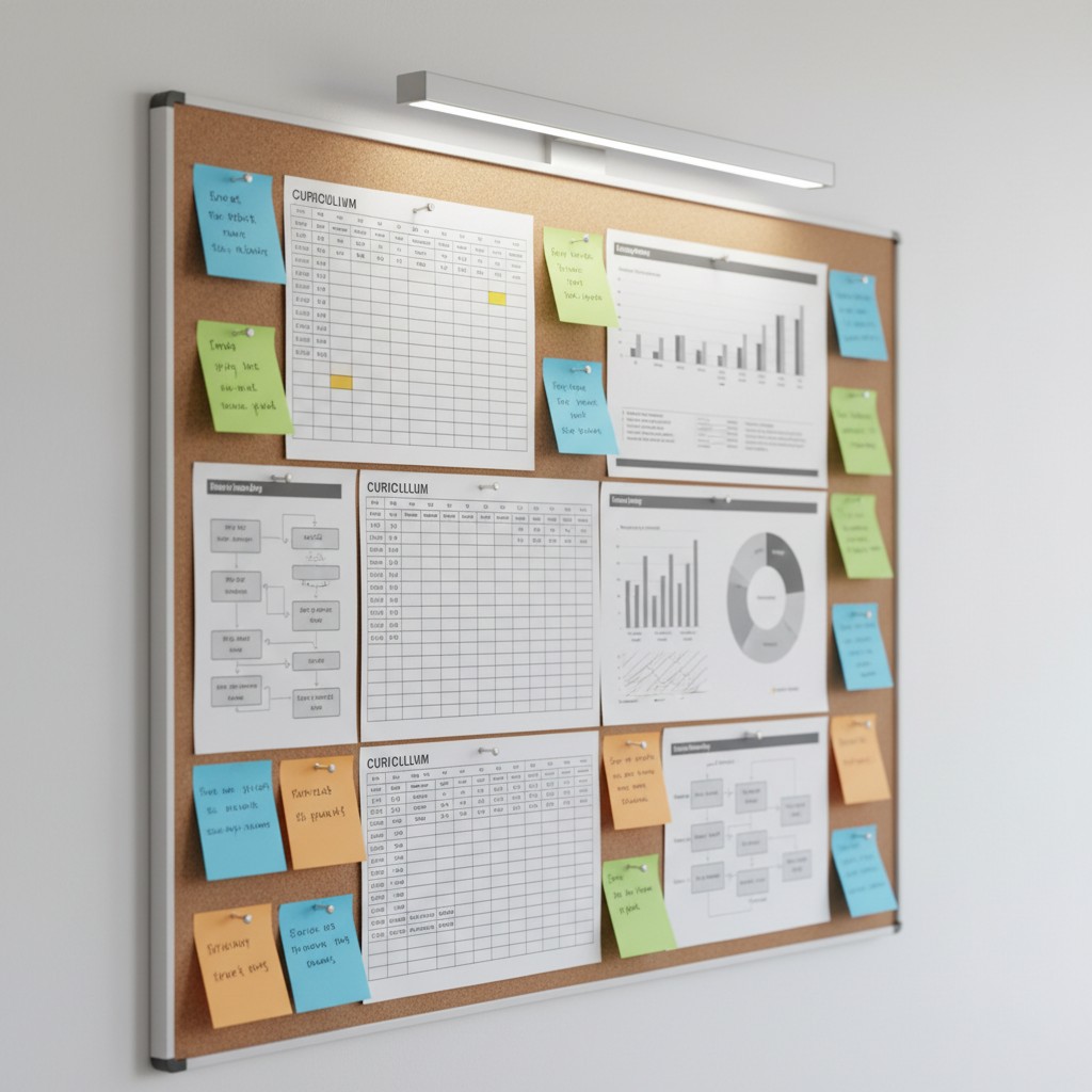 Quartier de bureau avec tableau-file couvert de différents détails imagina.