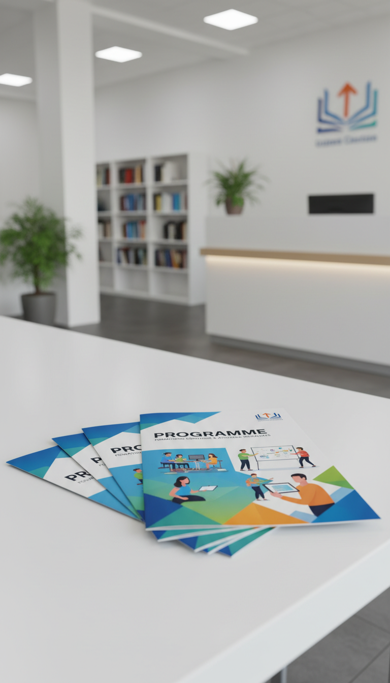 Créer une image de brochures de formation pour un centre d'enseignement avec le texte 'programme', en gardant le style professionnel et illustratif de l'image de départ, sans mentionner BTS PROGRAME ni PI. L'image doit illustrer l'idée de formations proposées en centre.