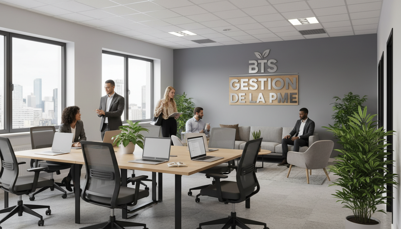 photo réaliste d'un environnement de bureau ou d'une petite entreprise moderne, avec la mention clairement écrite « BTS Gestion de la PME »