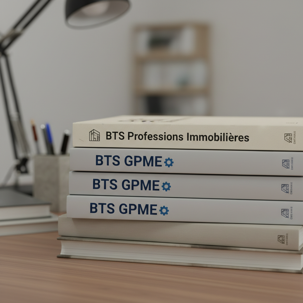Plusieurs livres empilés, dont deux avec des couvertures lisibles : l'un avec le titre 'BTS Professions Immobilières' (orthographe correcte) et un ou deux autres portant le titre 'BTS GPME'. Couleurs neutres, ambiance sérieuse, style réaliste, aucune faute d'orthographe sur les titres.