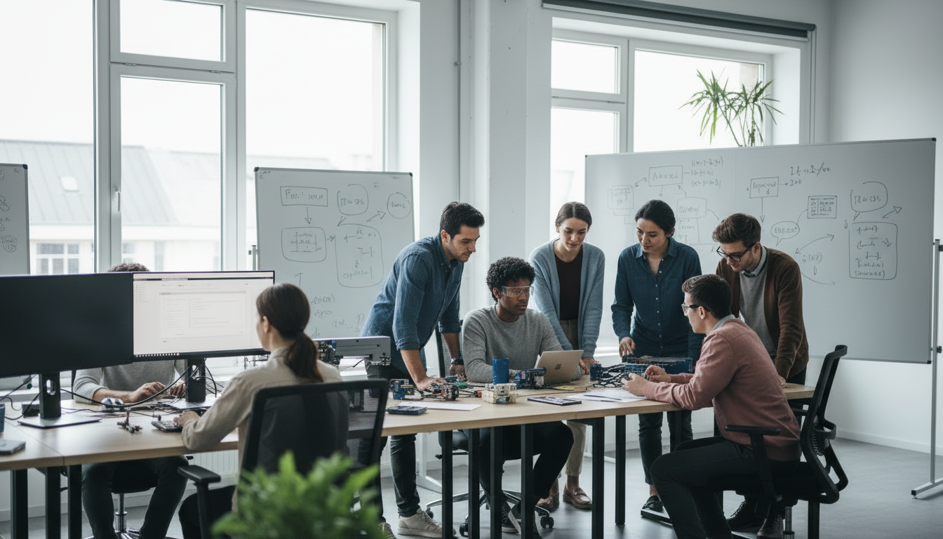 Remplacer la photo de classe avec des enfants devant des ordinateurs par une image représentant des apprentis majeurs (18 ans et plus) en formation professionnelle, devant des ordinateurs dans une salle moderne, ambiance sobre et réaliste, avec diversité. Pas d'enfants.