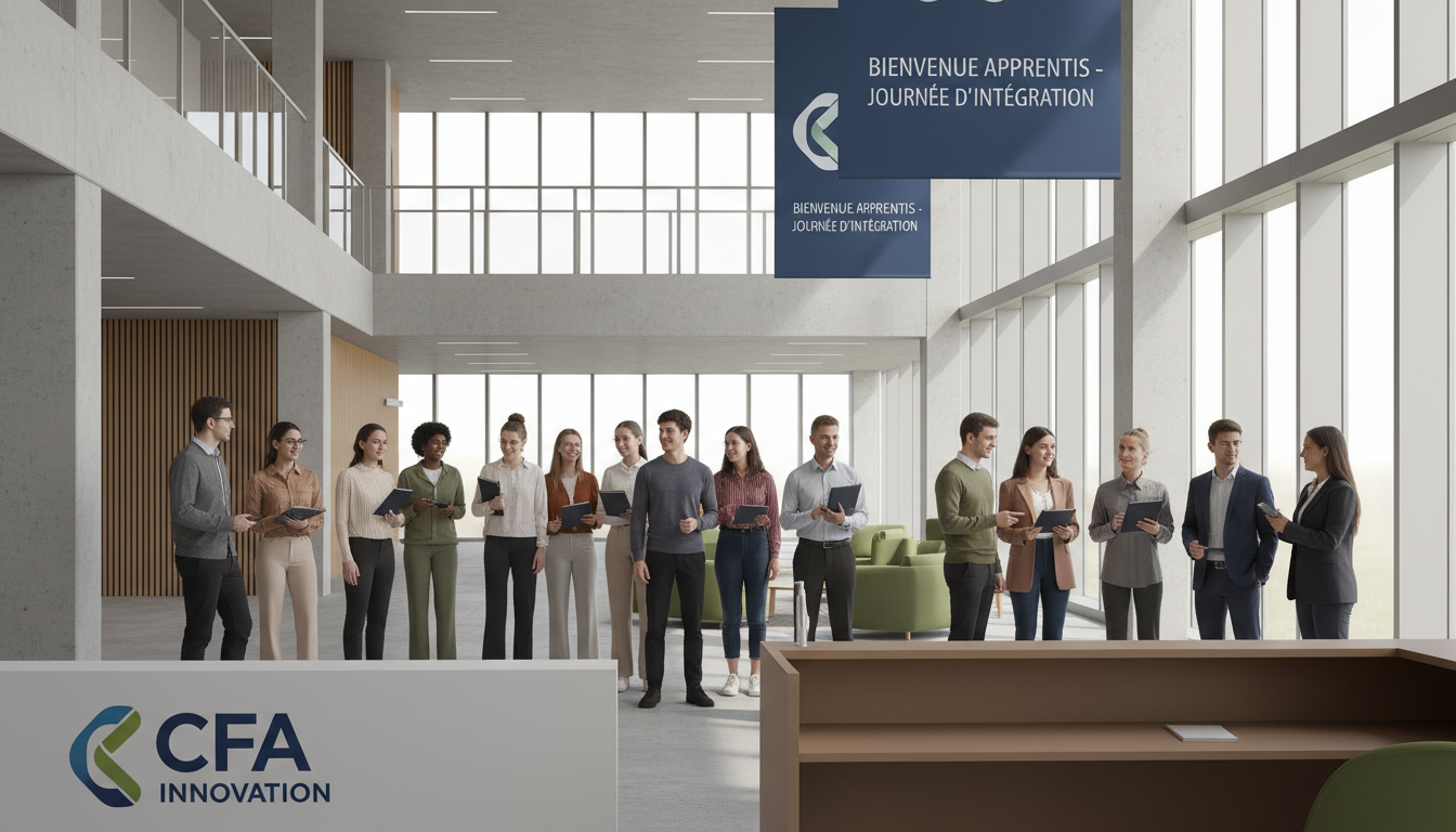 Apprentis en alternance accueillis dans un CFA moderne lors d'une journée d'intégration, ambiance chaleureuse et professionnelle, diversité des profils, tons sobres et réalistes