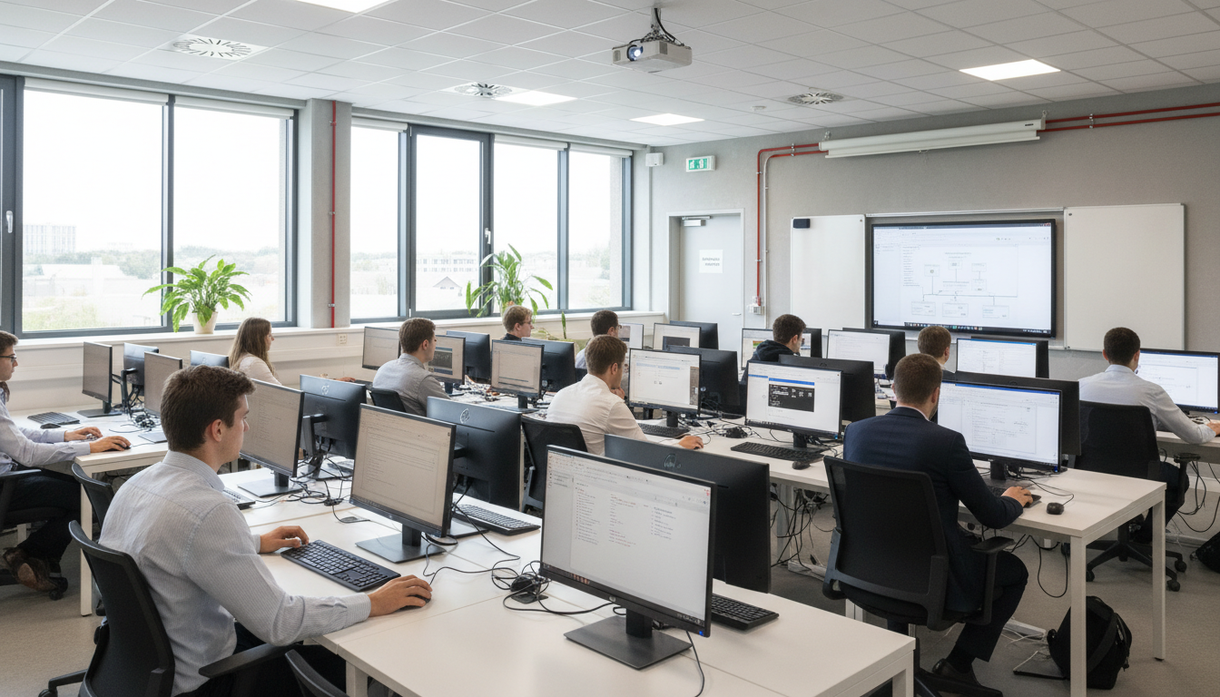 Salle de cours moderne équipée d'ordinateurs pour des apprentis en BTS dans un CFA, lumière naturelle, ambiance studieuse et professionnelle