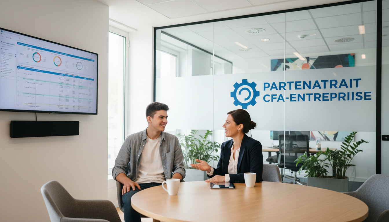 Apprenti en BTS en discussion avec un tuteur en entreprise dans un bureau moderne, illustrant un partenariat CFA-entreprise, ambiance professionnelle et bienveillante