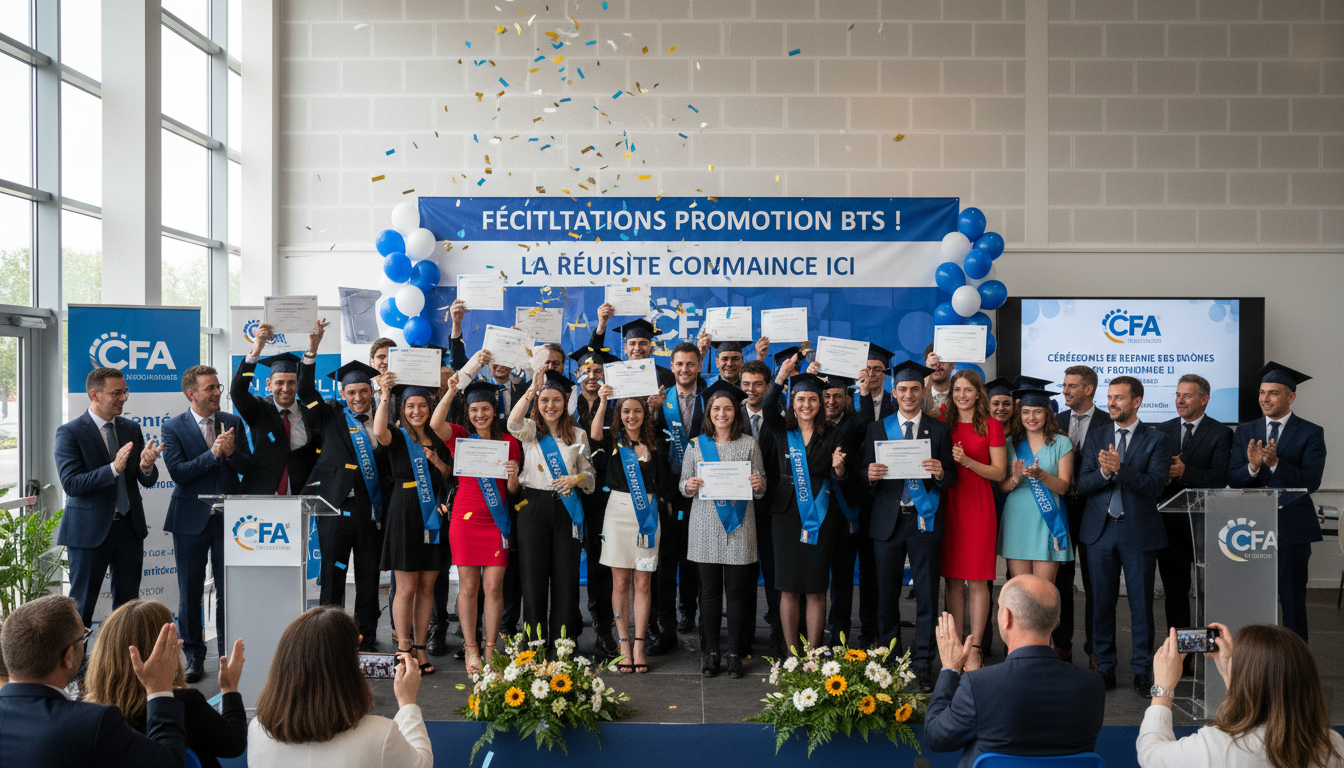 Jeunes diplômés en BTS célébrant leur réussite avec leur équipe pédagogique dans un CFA, remise de diplômes, ambiance positive et inspirante